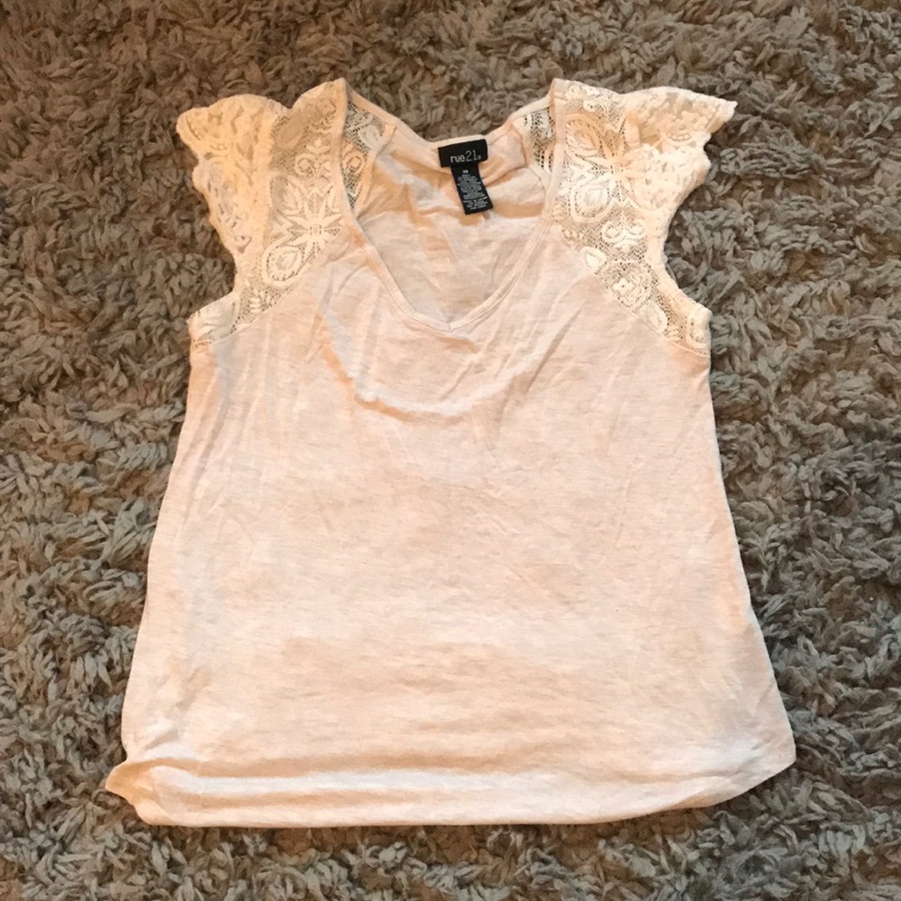 Rue 21 XS Grey White Jersey Knit Lace Sleeve Tee
